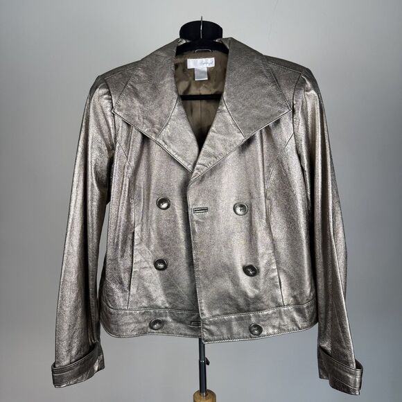 Vintage 80s 90s Spiegel Metallic Silver Cropped Double Breasted Leather Jacket - Picture 11 of 13